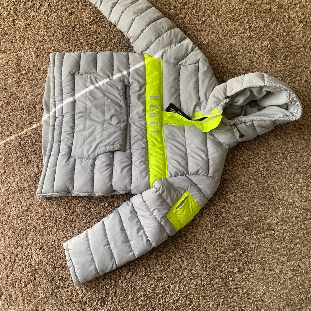 Gray Puffer Rebel Hooded Jacket with Neon Accents